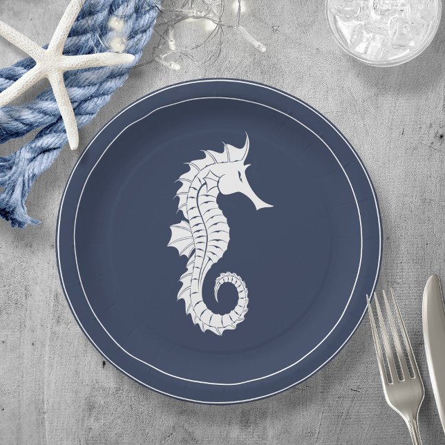 Assiettes En Carton Vague bleue Seahorse V2 Wht/Navy ID836 (Créateur téléchargé)
