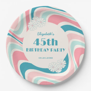 Assiettes En Carton Vague rétro Fleur rose Vert Anniversaire