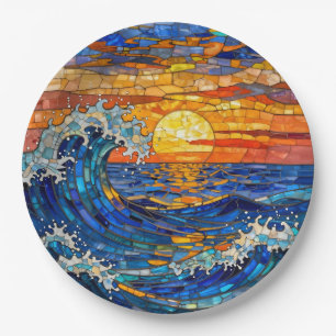 Assiettes En Carton Vagues océaniques côtières océaniques Coucher de s