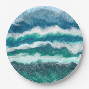 Assiettes En Carton Vagues turquoise et bleu océan