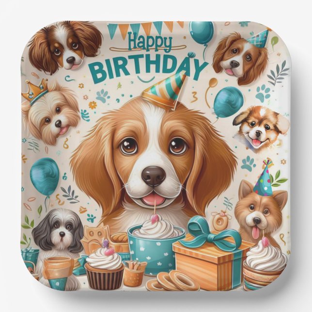 Assiettes En Carton Vaisselle de fête d'anniversaire à thème de chien  (Recto)