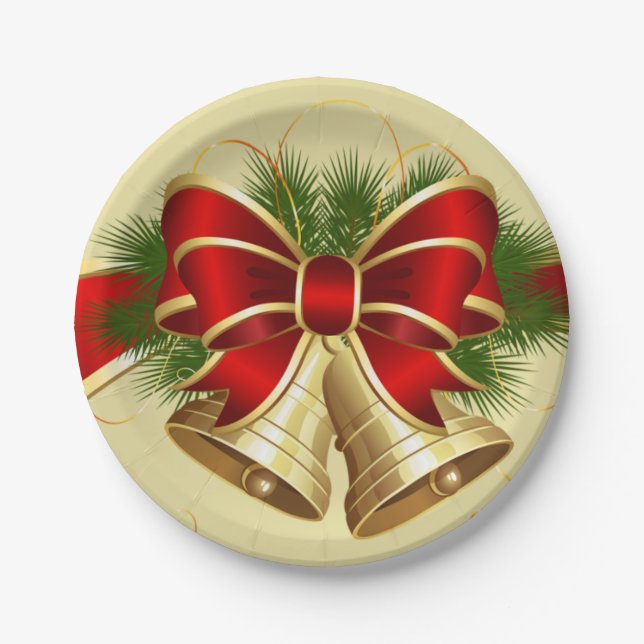 Assiettes En Carton Vaisselle d'or de Bells de Noël (Devant)