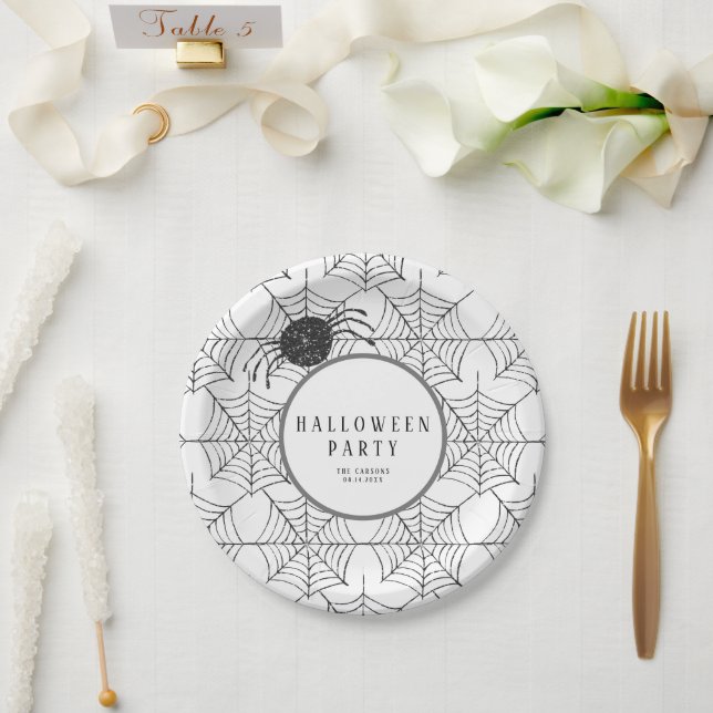 Assiettes En Carton Vaisselle Halloween moderne Black White Spider Web (Mariage)