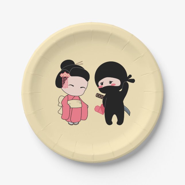 Assiettes En Carton Valentine Ninja et Geisha sur Yellow (Devant)