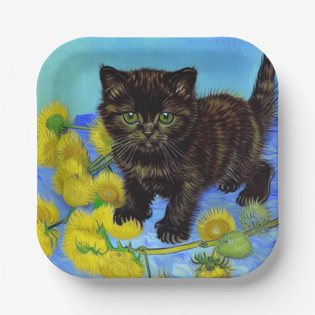 Assiettes En Carton Van Gogh Style Chat avec tournesol (Recto)