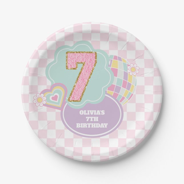 Assiettes En Carton Varsity preppy pastel patch 7e anniversaire (Devant)