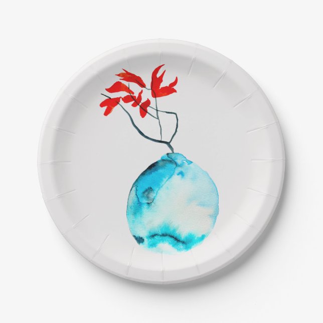Assiettes En Carton Vase bleu Ikebana aquarelle (Devant)