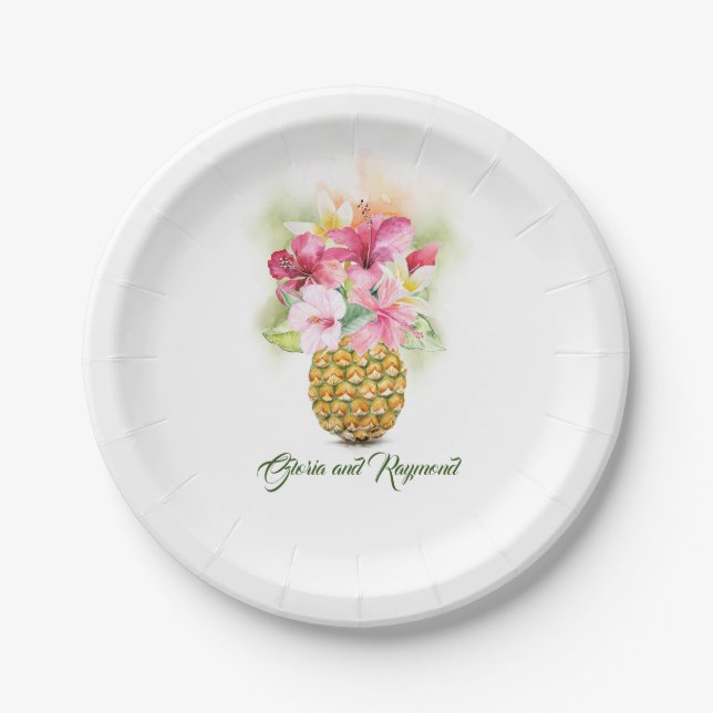Assiettes En Carton Vase d'ananas Tropical Floral Beach Mariage (Devant)