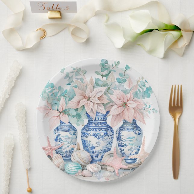 Assiettes En Carton Vases Chinoiserie avec Eucalyptus & Poinsettias (Mariage)