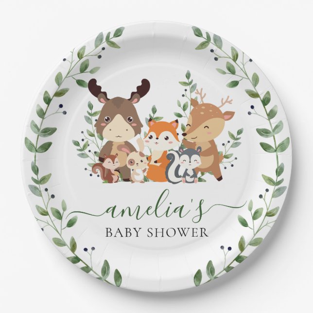 Assiettes En Carton Végétation boisée Animaux Baby shower 1er annivers (Devant)