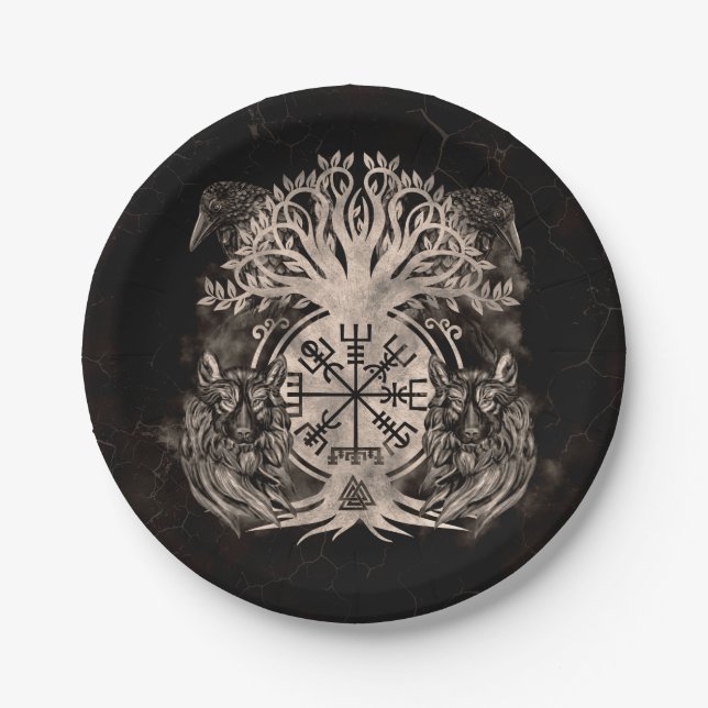 Assiettes En Carton Vegvisir -Yggdrasil Avec Ravens & Wolves (Devant)