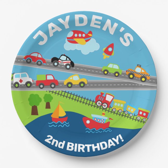 Assiettes En Carton Véhicules de transport garçon anniversaire plaque  (Devant)