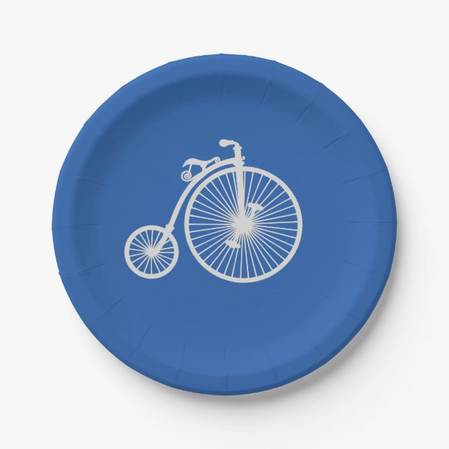 Assiettes En Carton Vélo blanc vintage sur plaques de papier bleu (Devant)