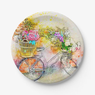 Assiettes En Carton Vélo et fleurs