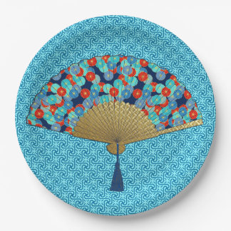 Assiettes En Carton Ventilateur déco - Fleurs en Cobalt, Turquoise et 