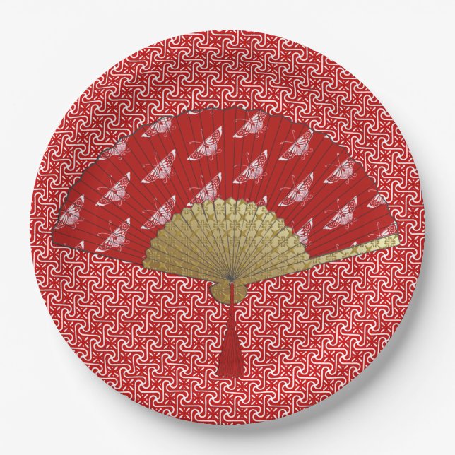 Assiettes En Carton Ventilateur déco - Papillons, rouge foncé et blanc (Devant)
