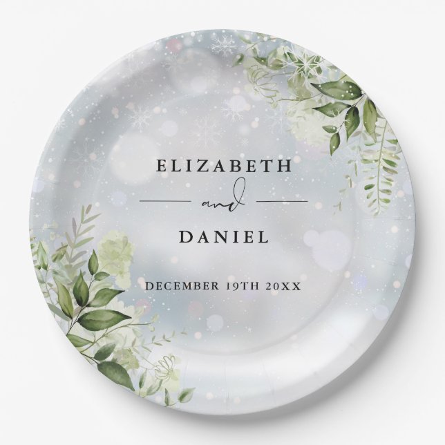 Assiettes En Carton Verdure Floral Élégant Mariage d'hiver (Devant)