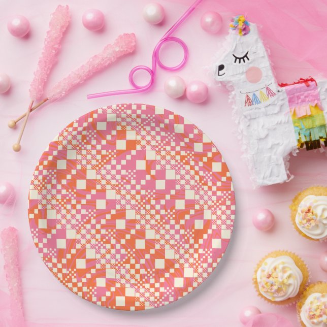 Assiettes En Carton Vérifié, Chèques - rose, orange et crème (Fête)
