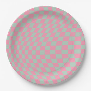 Assiettes En Carton Vérifier Motif Mint Vert Et Rose Checkerboard
