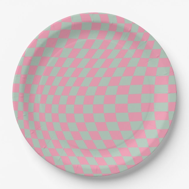 Assiettes En Carton Vérifier Motif Mint Vert Et Rose Checkerboard (Devant)