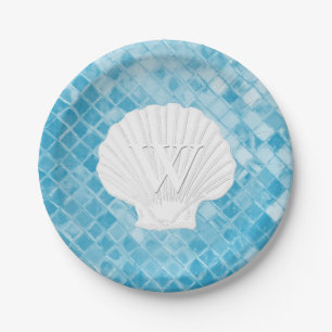 Assiettes En Carton Verre bleu de mer de monogramme de Shell de feston