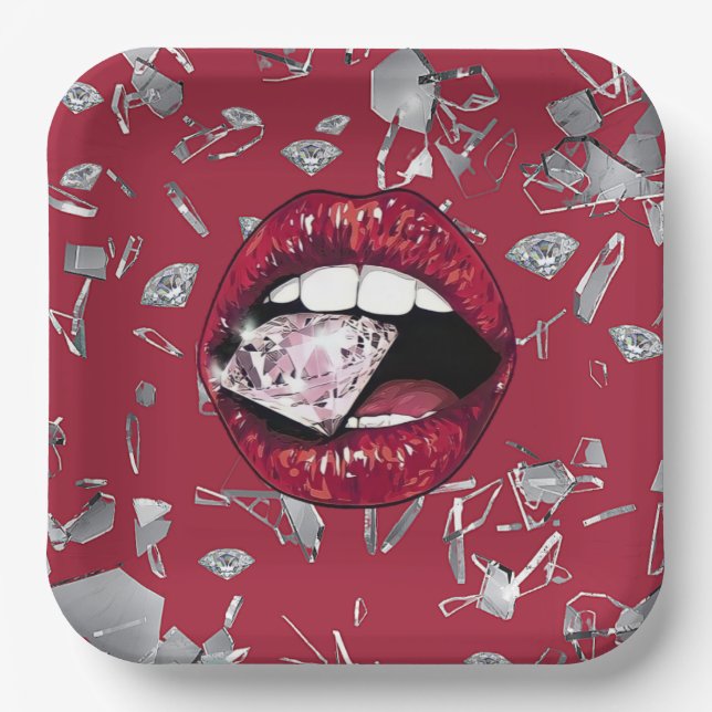 Assiettes En Carton Verre et diamants brisés en rouge (Recto)