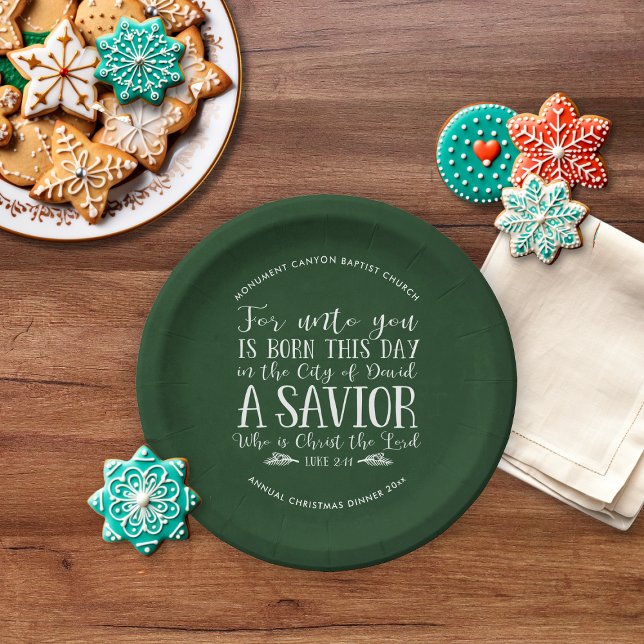 Assiettes En Carton Verset de Noël personnalisé Typographie verte (Personalized Christmas Verse Typography Green Paper Plates)