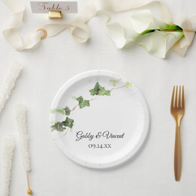 Assiettes En Carton Vert anglais Vin Vin Mariage d'aquarelle (Mariage)