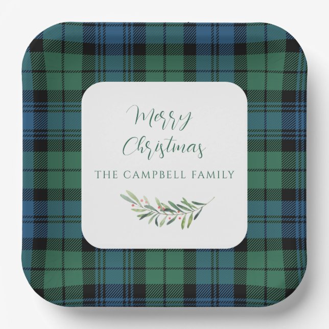 Assiettes En Carton Vert Bleu Russe Plaid Noël Tartan (Recto)