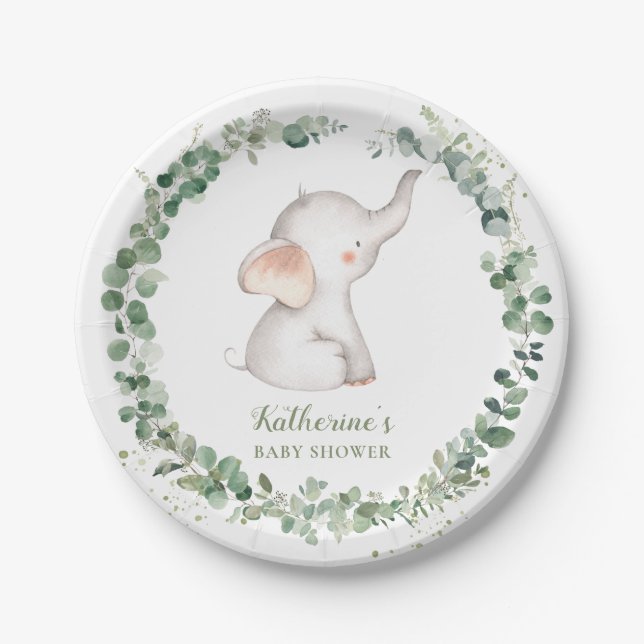 Assiettes En Carton Vert Eléphant mignon Baby shower neutre genre (Devant)