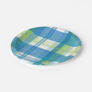 Assiettes En Carton Vert et bleu de plaid de Madras
