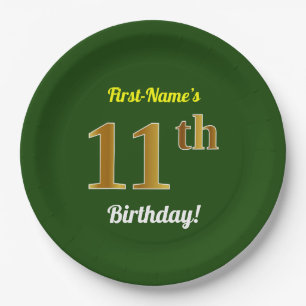 Assiettes En Carton Vert, Faux Gold 11e anniversaire + Nom personnalis