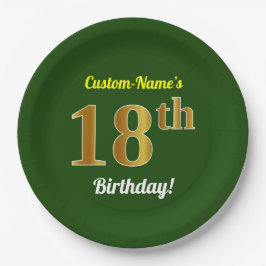 Assiettes En Carton Vert, Faux Gold 18e anniversaire + Nom personnalis