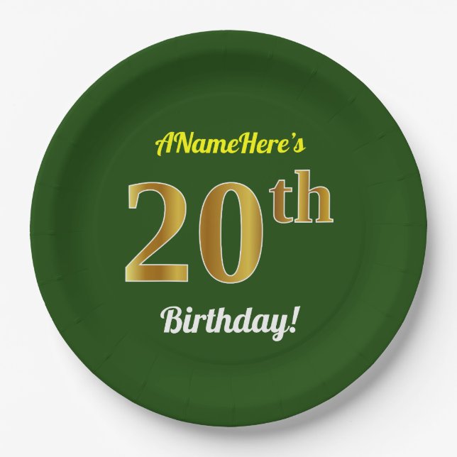 Assiettes En Carton Vert, Faux Gold 20e anniversaire + Nom personnalis (Devant)