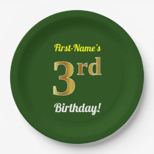 Assiettes En Carton Vert, Faux Gold 3ème anniversaire + Nom personnali