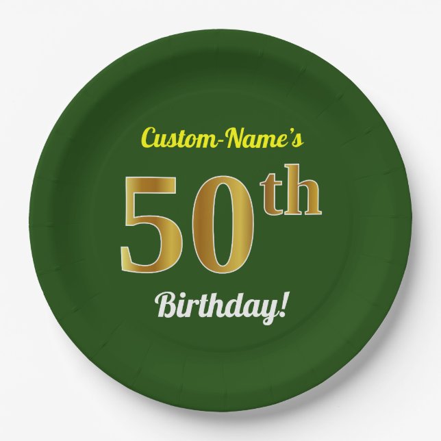 Assiettes En Carton Vert, Faux Gold 50e anniversaire + Nom personnalis (Devant)