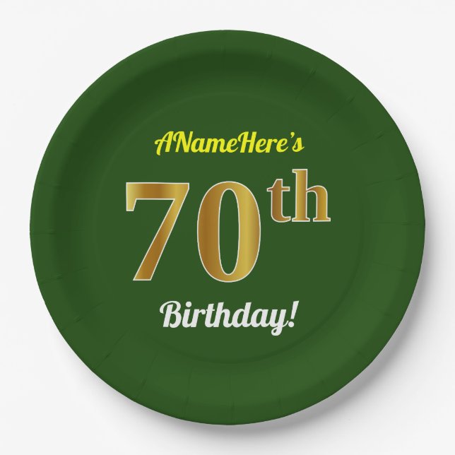 Assiettes En Carton Vert, Faux Gold 70e anniversaire + Nom personnalis (Devant)