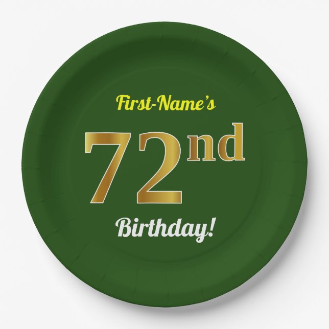 Assiettes En Carton Vert, Faux Gold 72e anniversaire + Nom personnalis (Devant)