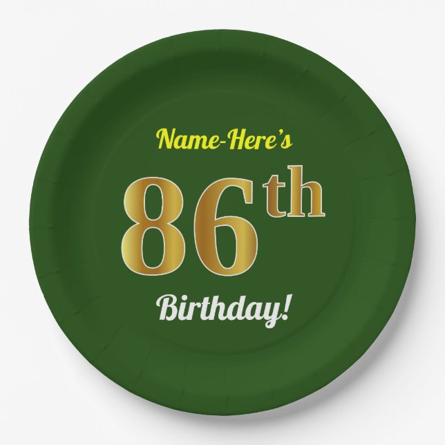 Assiettes En Carton Vert, Faux Gold 86e anniversaire + Nom personnalis (Devant)