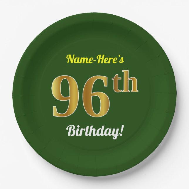 Assiettes En Carton Vert, Faux Gold 96e anniversaire + Nom personnalis (Devant)