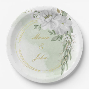 Assiettes En Carton vert fleur blanc feuille or courge vert