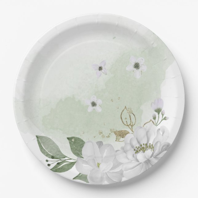 Assiettes En Carton vert fleur blanc feuille sauge vert (Devant)