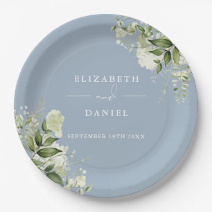 Assiettes En Carton Vert Floral Élégant Dusty Blue Mariage