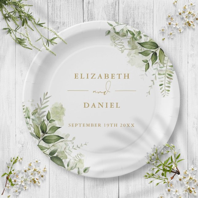 Assiettes En Carton Vert Floral Élégant Mariage d'or moderne (Greenery Floral Elegant Modern Gold Wedding Paper Plates)