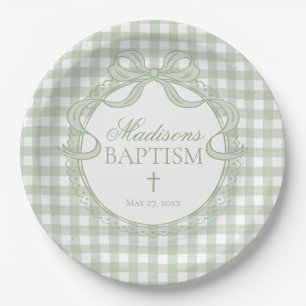 Assiettes En Carton Vert Gingham Coquette Baptême à noeud