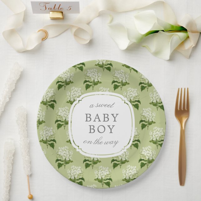 Assiettes En Carton Vert Hydrangea Motif Sweet Baby Genre Neutre (Mariage)