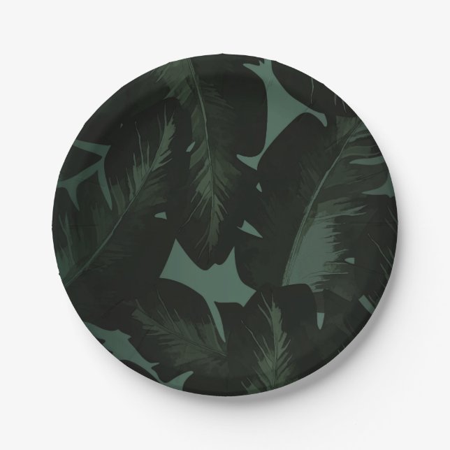 Assiettes En Carton Vert & Noir Chic Feuille Mariage Tropical (Devant)