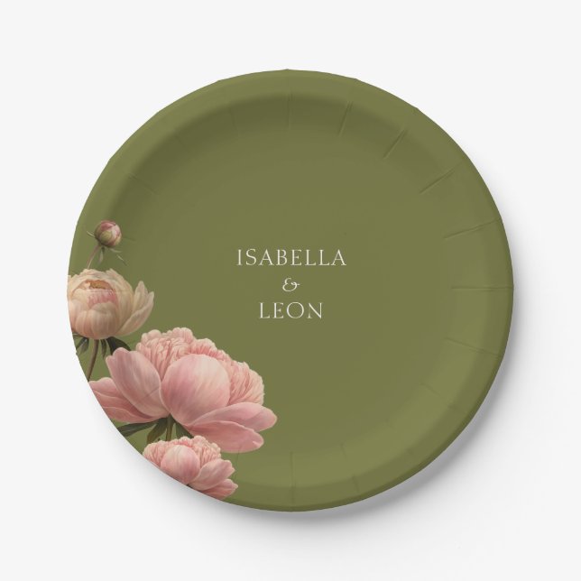 Assiettes En Carton Vert olive et Mariage Rose (Devant)