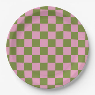 Assiettes En Carton Vert rose À damiers En vichy Motif