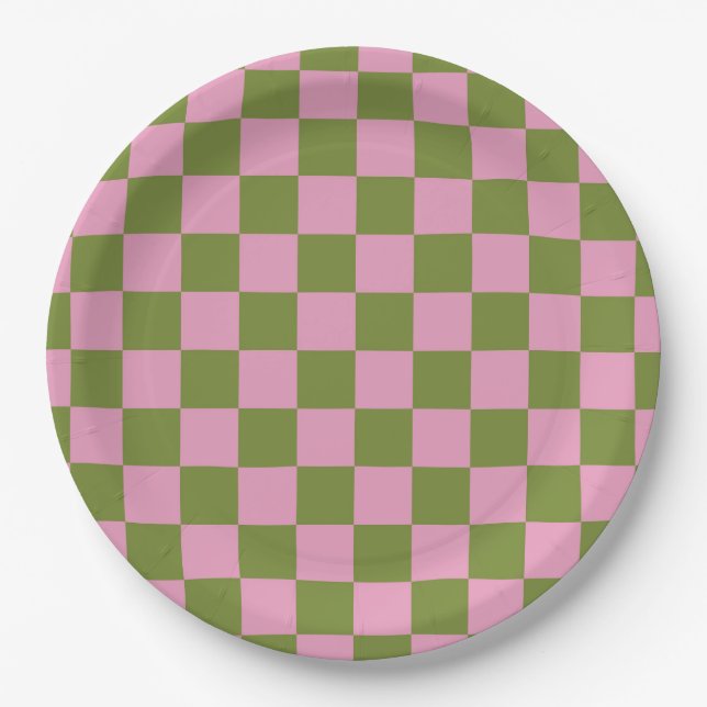 Assiettes En Carton Vert rose À damiers En vichy Motif (Devant)